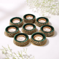 Emerald Green Kundan Diyas- Set of 8
