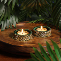 Emerald Green Kundan Diyas- Set of 2