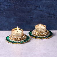 Jade Green Bling Rhinestone Diya- Set of 2